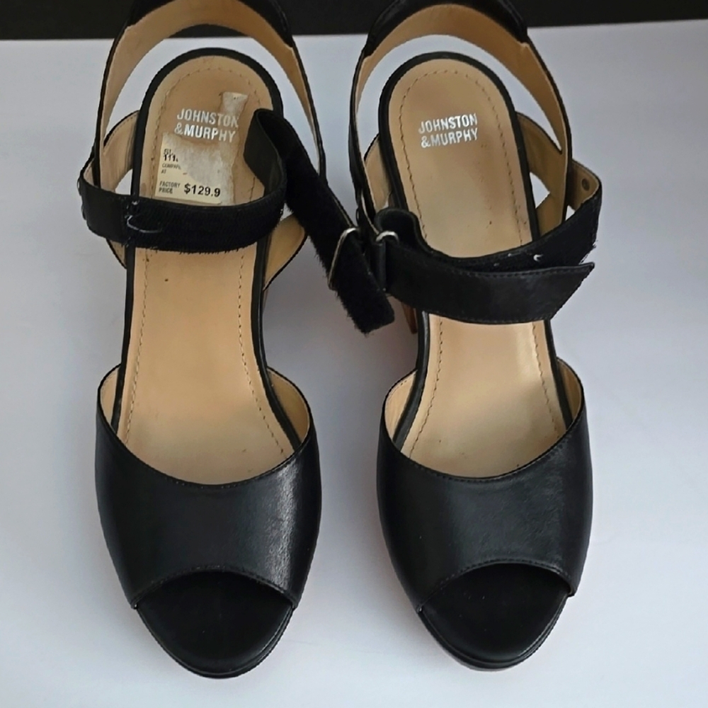 Johnston & Murphy Black Peep-Toe Sandals with Ankle Strap